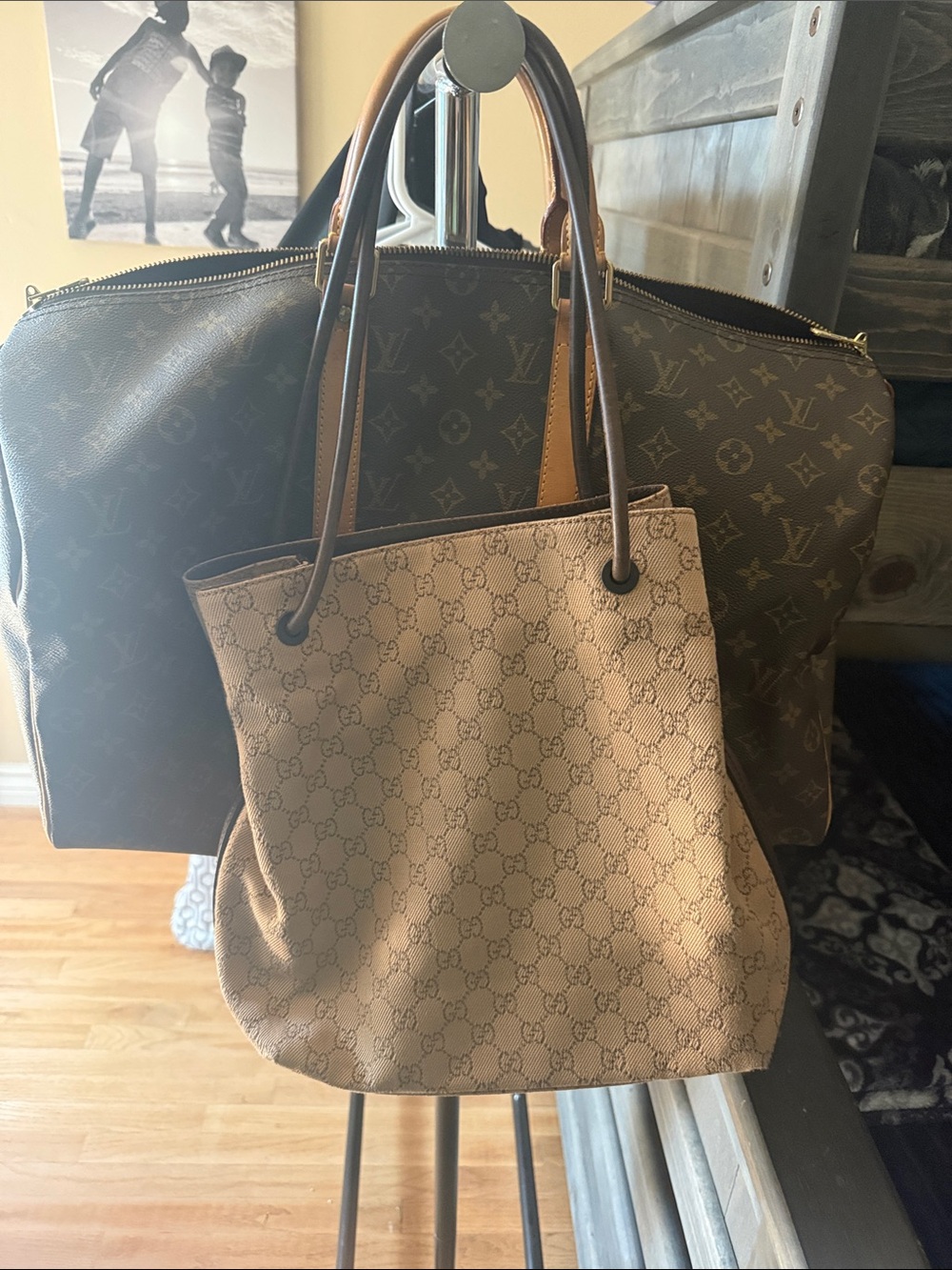 Vintage Gucci Beige GG Supreme Canvas Tote with Brown Leather Handles